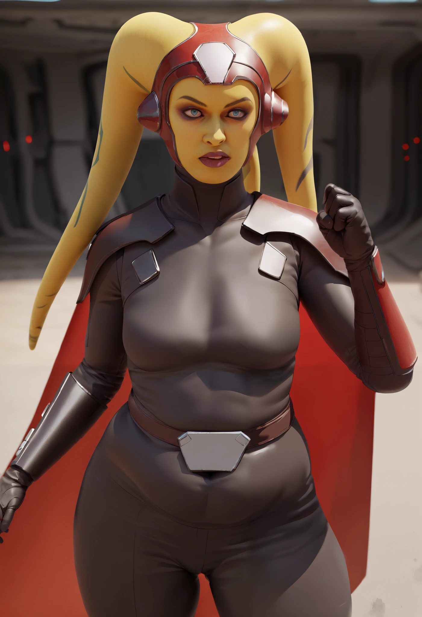 score_9, score_8_up, score_7_up, score_6_up, 2d, rating_questionable, rating_safe, BREAK ((green skin)) Female Twi'lek (((hera syndulla ))), helmet with red visor, star wars, armor,black gloves,tight bodysuit,black cape,black pants, close up, solo, standing, front view, medium breasts, wide hips, holding lightsaber, double edged, action pose, red blade, indoors, sith base, science fiction, chubby, fat, overweight,
