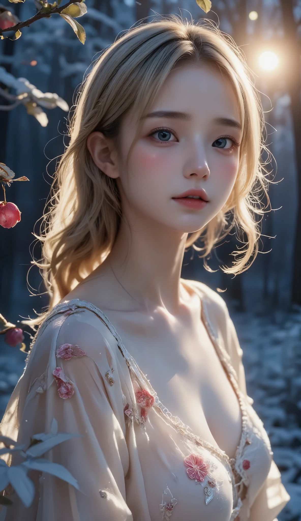 ( masterpiece,  best quality,  best quality,8k,************  girl,  super detailed , RAW Photos:1.5),(Photographically:1.4), ( cinematic lighting ),   Perfect NWSJ Magic , ,  surrealism,  ultra high resolution, Accurate,  super detailed, textured skin,  high detail,  best quality,  dynamic angle without carrying a bag,  white skin,[ beautiful blue eyes], high nose,[ flat chested: Big Breasts :0.5],(1 girl),((Good anatomy:0.5)),(Covered with flowers:1.4), Night Sky, joint, ( blonde hair :1.3), Interested in, Fire and Ice, ( The image is split into 2 ，Various colors :2), Eye Blue , sapphire, liquid metal, Night Sky, (Look at the angle:1.3), (Fire and Ice), ((Bottom Chrome)), (hairpin:1.4), (forest:1.3), (fog: 1.3),   Delicate Colors and Tones ,  Mysterious Aura  , Dreamy Atmosphere, Dynamic Brushstrokes ,  Mysterious Atmosphere , Artistic interpretation,