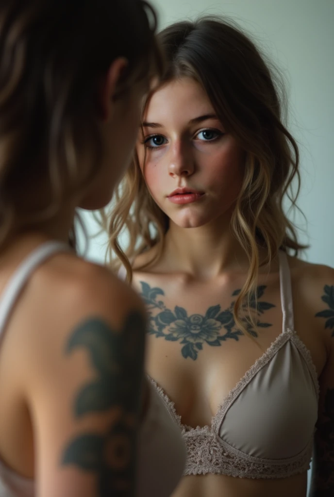 A sad young white tween 8yo girl looking in the mirror wearing a bra. Tattoos 