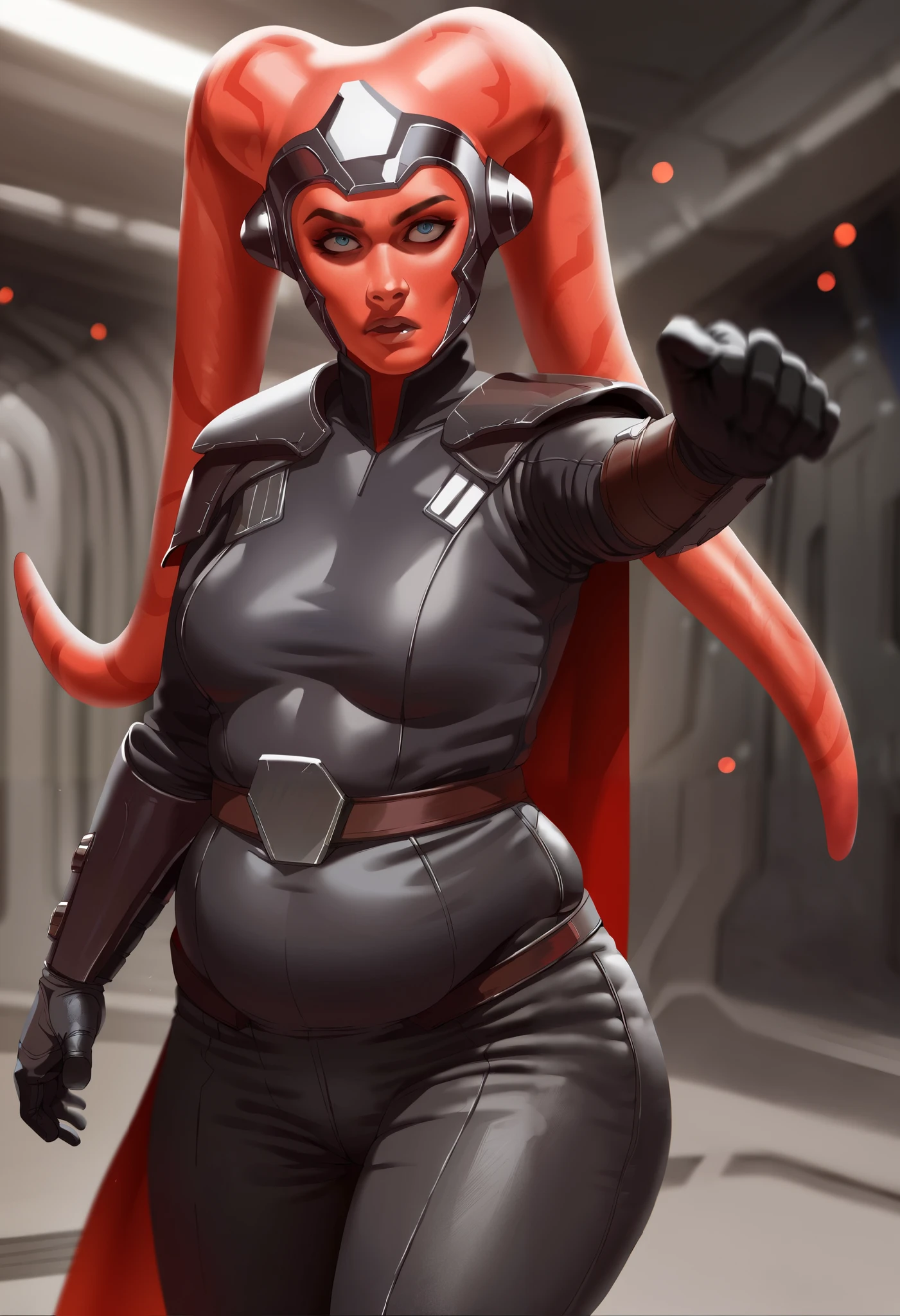 score_9, score_8_up, score_7_up, score_6_up, 2d, rating_questionable, rating_safe, BREAK ((green skin)) Female Twi'lek (((hera syndulla ))), helmet with red visor, star wars, armor,black gloves,tight bodysuit,black cape,black pants, close up, solo, standing, front view, medium breasts, wide hips, holding lightsaber, double edged, action pose, red blade, indoors, sith base, science fiction, chubby, fat, overweight,
