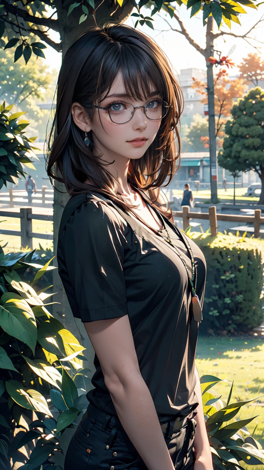  punk girl with glasses and a black shirt, Blurred green grass and trees in the background々,  short brown hair ,  detailed face ,  High Quality ,  high definition 