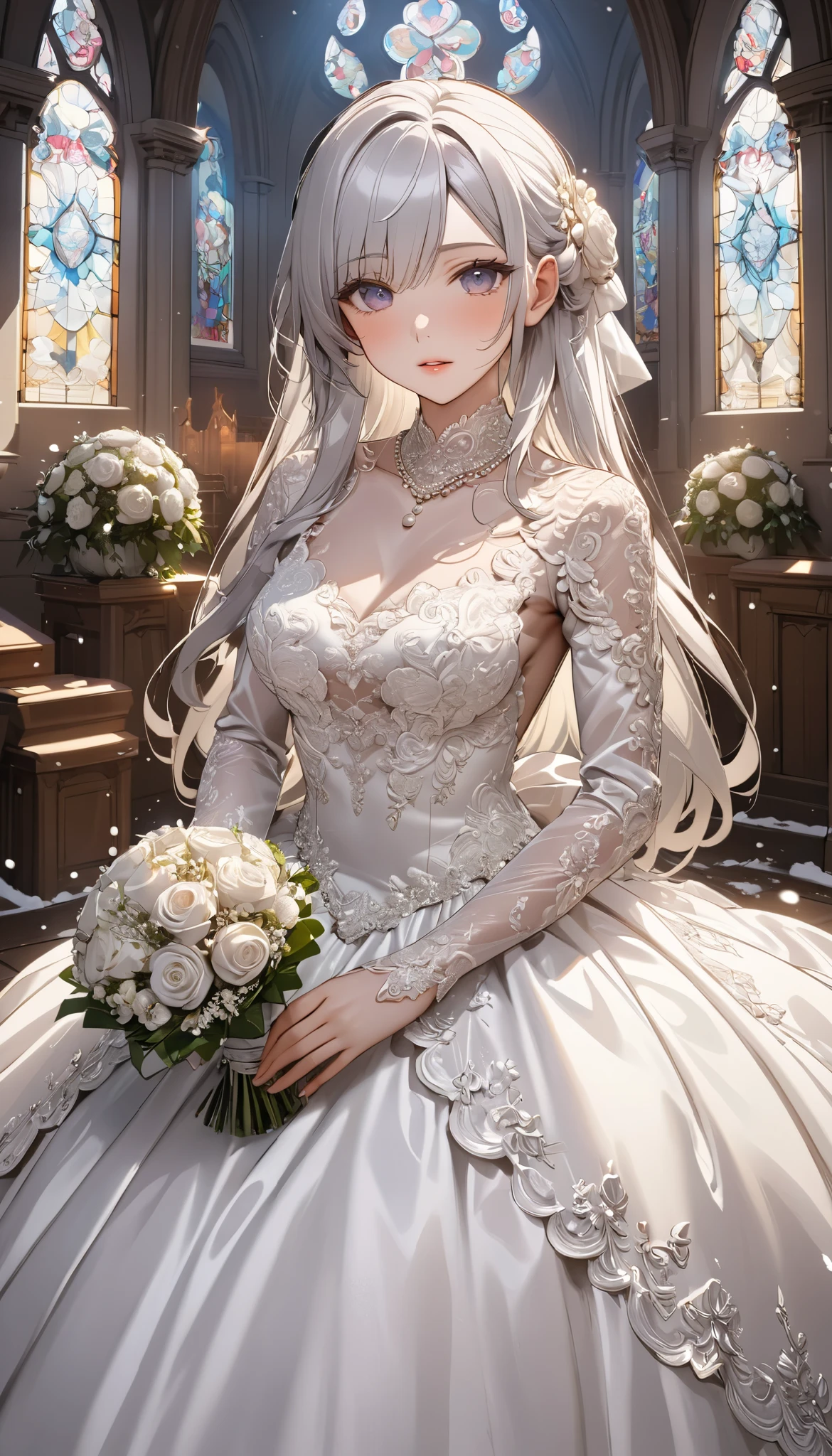 (((Best quality, 8k, Masterpiece: 1.3)), ((best quality)), ((masterpiece)), (detailed), perfect face, perfect body, (detailed skin:1.3), (intricate details), Ball gown wedding dress, pearl necklace, bouquet, Silver hair, straight hair, Wedding Rings, snow White, Chapel