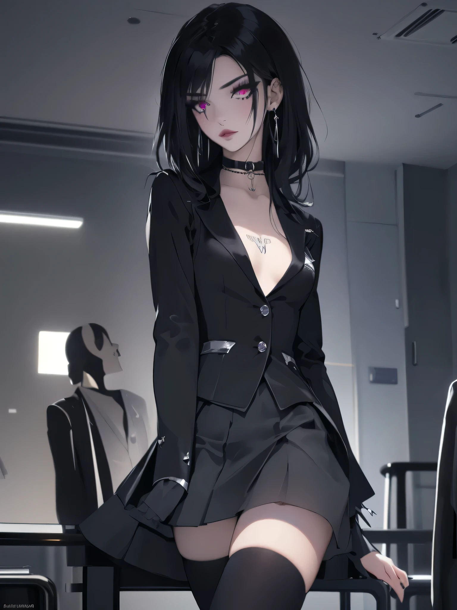 (best quality: 1.2), clean face, (masterpiece: 1.2, 8k) perfect anatomy, 1 girl) a beautiful fashion model ,(masterpiece, official art, best quality shiny hair, straight black hair with streaks in hair, full lips, small breasts, blazer school uniform, short skirt, thong straps, (dark makeup, piercings), shiny breasts, shiny skin, looking at viewer, college student, horizontal, lounging, a single girl, scene haircut, dark makeup, dark eyes, (slender, skinny, slight frame, small breasts), ((emo, scene girl)), classroom