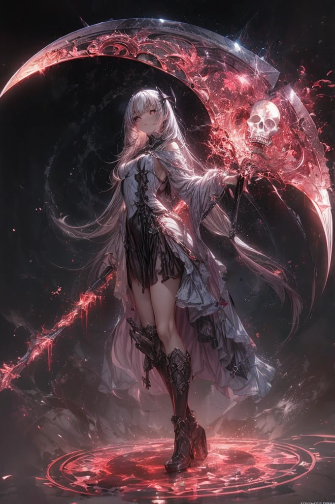 she has a large scythe that is twice the size of his body. Anime illustration of a girl. The sickle has a complicated pattern. Skull accessories. dynamic angle. minimalist background. Octane rendering. Masterpiece, highest quality, highly detailed CG Unity 8k wallpaper, fantasy girl,anime,Sparkle Glowing,Manga Anime