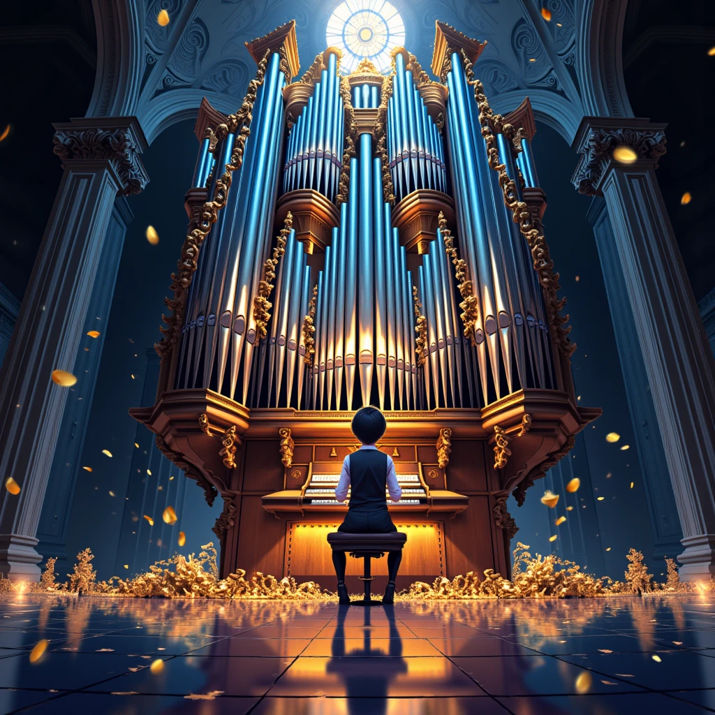 Huge Antique Tubular Organ with Twisted Tubes with Holes, A Sound Comes From Every Tube ,  Stage Huge Hall Darkness Only Light Falls On The Organ and The Boy Who Plays It,  The Boy in the Tuxedo and the White Shirt ,  Scene Made of Mirrored Floor ,  Light Refracts and Turns into Rainbow Colors ,  Like Gold Dust Flies and Swirls in the Sound of the Music On Stage , 8 k,  better quality, masterpiece,  Complex Details , animation,  anime style,  artwork ,
