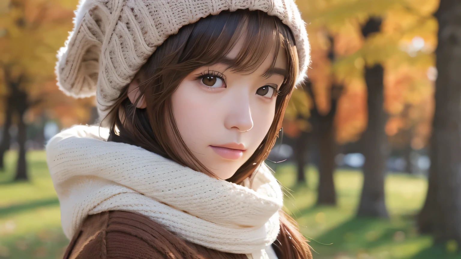 finest image, portrait, very cute girl, light brown glossy pixie cut, sparkling big eyes, scarf, gloves, fluffy sweater, background fallen leaves and chestnuts are covered with autumn leaves, professional lighting