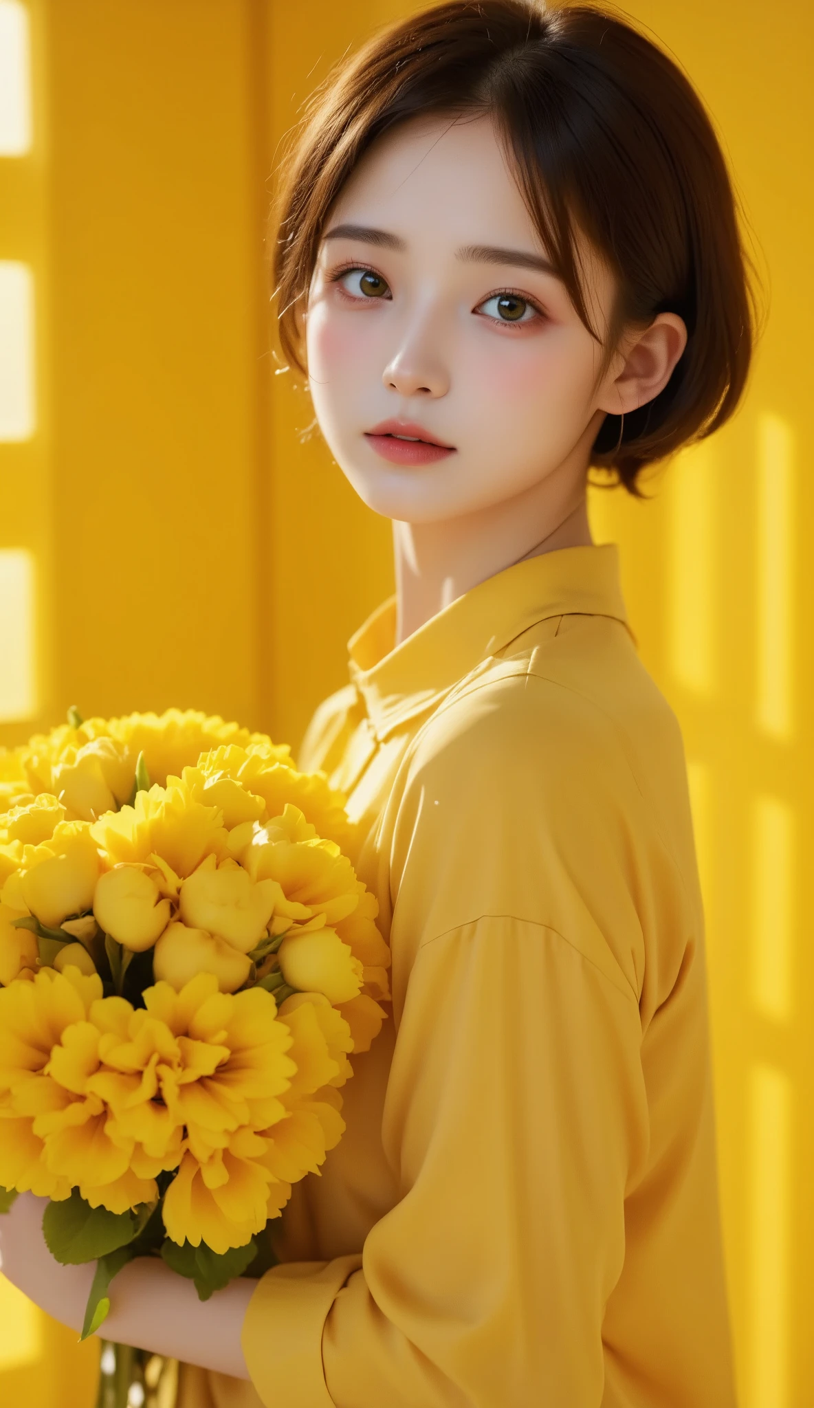 (((Yellow background:1.3)))、(( Yellow Flower Bouquet 、大きな Yellow Flower Bouquet ,,Have a 大きな Yellow Flower Bouquet :1.5))、 best quality, masterpiece, high definition , ((( one girl))), ,((( yellow eyes:1.3)))、 yellow dress、Yellow Hair、 short bob、(( yellow shirt:1.3、 Yellow Block Dress )), tyndall effect , Realistic, Shadow Studio, Ultramarine Lighting , Dual Tone Lighting , (High Definition Skins: 1.2)、Light colored lighting 、Dim lighting、 DSLRs, photograph, high definition , 4K, 8k, background blur, beautiful fade out、Yellow World