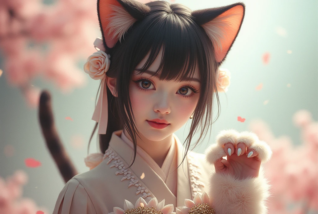 ((best qualtiy)), ((tmasterpiece)), (detail:1.4), Beautiful cyberpunk female images,hdr(HighDynamicRange),Ray traching,NVIDIA RTX,Hyper-Resolution,illusory 5,sub surface scattering,PBR textures,post-proces,Anisotropy Filtering,depth of fields,maximum definition and sharpness,Many-Layer Textures,Albedo e mapas Speculares,Surface coloring,Mitsu-Accurate simulation of material interactions,perfectly proportioned,rendering by octane,Two-colored light,largeaperture,Low ISO,White balance,Rule three points、8K raw data、Beautiful bright blue pupils,off-the-shoulder clothes,Fine pupils,Delicate face and eyes,long eyelasher,Blushlush,Delicate and fluffy hair,pink lip,Pure,Cute face,Sweet girl,Artistic sense,Casual wear,Advancedsense,butterflys,Cherry blossom petal,Beautiful hair accessories,Long hair and waist,Hair fluttering in the wind,Snow-white fox ears,curlies