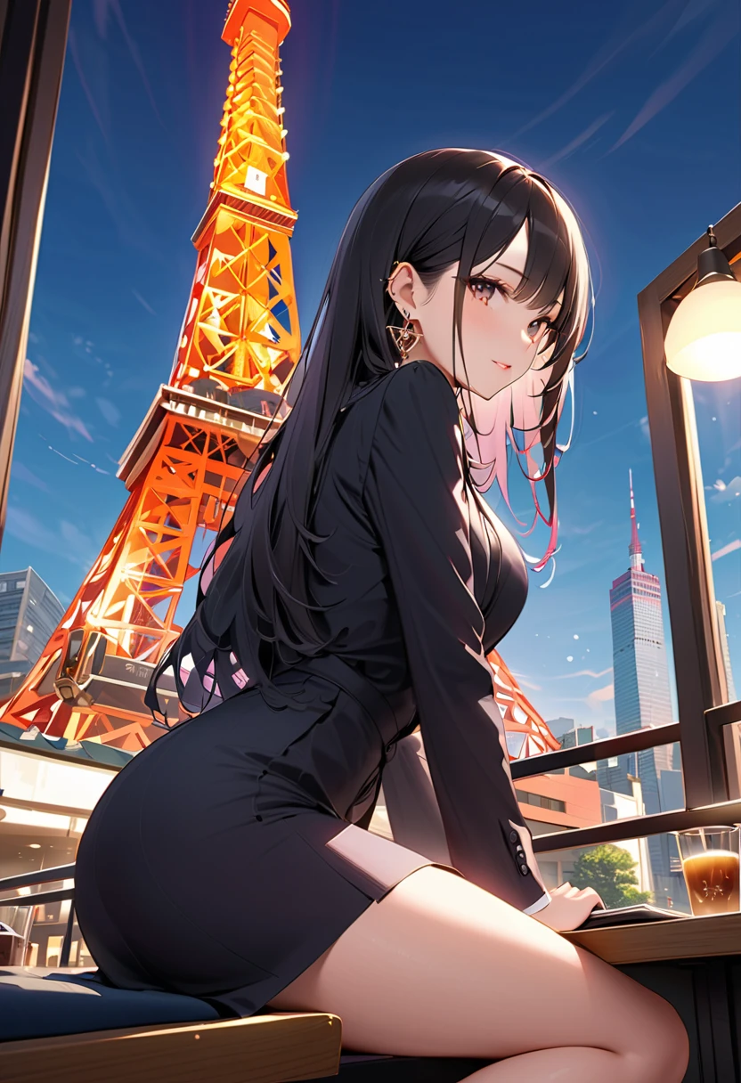 Dog 1、Woman 1、Red miniature dachshund、Red miniature dachshund long hair、dog'color is red、woman with very long black hair、Busty women、Spectacular views、Night Scene、The view from the top of the hill、Full moon night sky、swirling starry sky、8K、Best Quality、詳しいdogの顔、The woman is facing the opposite direction、Ria、I can't see a woman's face、The whole body is in the photo、Like the night view of Tokyo、The woman is wearing a miniskirt and her crotch is visible.、Pantyhose legs