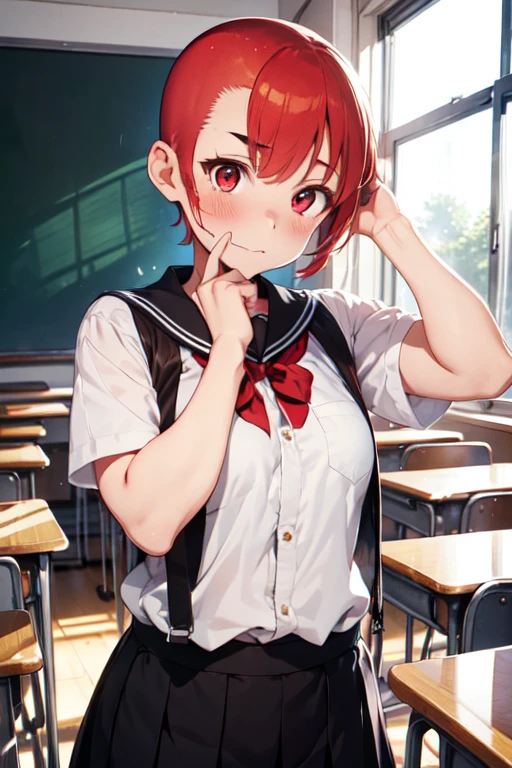 1 girl, aizawa tomo, 18yo, ((buzzcut shaved head)), red hair, thick brows, red eyes, big brests, tall height, uniforme escolar, traje verde, camisa blanca, corbata roja, tomboy, classroom, touching her head, embarrassed,hair clipper in hand
