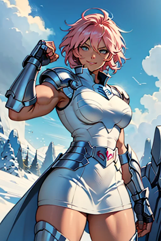 Appearance:   mature woman, pink hair,   short hair, Muscular,  thick legs ,  big ass,   medium breasts  ,  Friendly smile,   seductive smile  , blue eyes. clothing: fingerless gloves, pauldrons, ice. cygnus final, god cloth,. pose:  