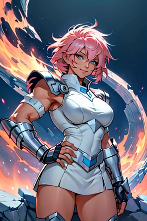 Appearance:   mature woman, pink hair,   short hair, Muscular,  thick legs ,  big ass,   medium breasts  ,  Friendly smile,   seductive smile  , blue eyes. clothing: fingerless gloves, pauldrons, ice. cygnus final, god cloth,. pose:  