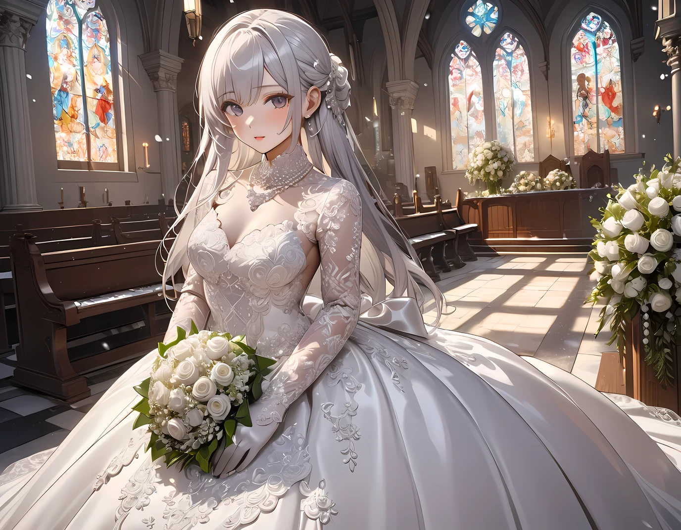 (((Best quality, 8k, Masterpiece: 1.3)), ((best quality)), ((masterpiece)), (detailed), perfect face, perfect body, (detailed skin:1.3), (intricate details), Ball gown wedding dress, pearl necklace, bouquet, Silver hair, straight hair, Wedding Rings, snow White, Chapel