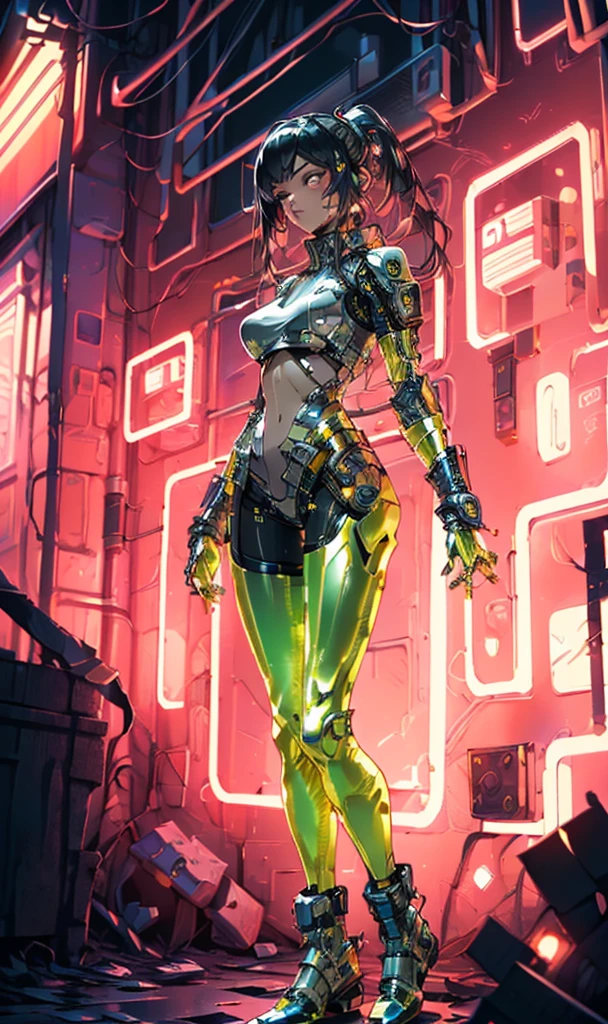 (dramatic, gritty, intense:1.4),masterpiece, best quality, 8k, insane details, intricate details, hyperdetailed, hyper quality, high detail, ultra detailed, Masterpiece, science fiction(cyberpunk:1.3)building,
1girl,  soloPatent leatherbodysuitglowingshiny(shiny skin:1.7)(long legs:1.3),  (Slim body:1.1) (upper body:1.2)
