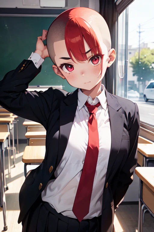 1 girl, aizawa tomo, 18yo, ((buzzcut shaved head)), red hair, thick brows, red eyes, big brests, tall height, school uniform, green suit, white shirt, red tie, tomboy, classroom, touching her head , embarrassed, hair clipper in hand
