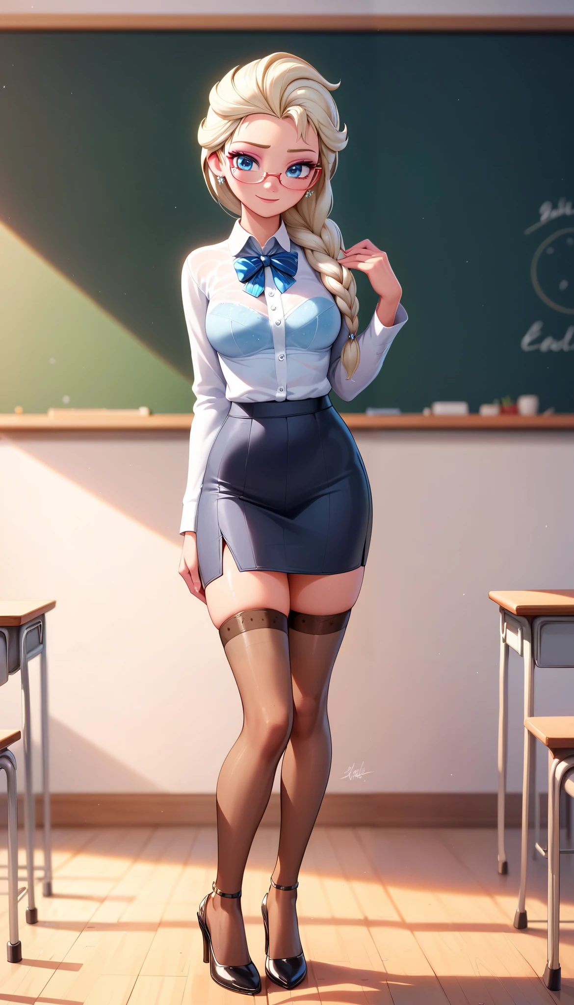 (Perfect Anatomy), Masterpiece, Ultra High Quality, 8k, masterpiece, Highest quality, Ultra-high resolution, Maximum resolution, Very detailed, Professional Lighting, anime, young female, 1 japanese 1 female, Elsa (Frozen), thin teen, so beautiful, Highly detailed eye, Highly detailed face, Golden earrings, White braid hair, teacher glasses, uniform, Straight bangs, full body, standing, (wearing a (shirt, leather skirt), (classroom indoors theme), (tan stockings), (high heels), show her wet inner thighs