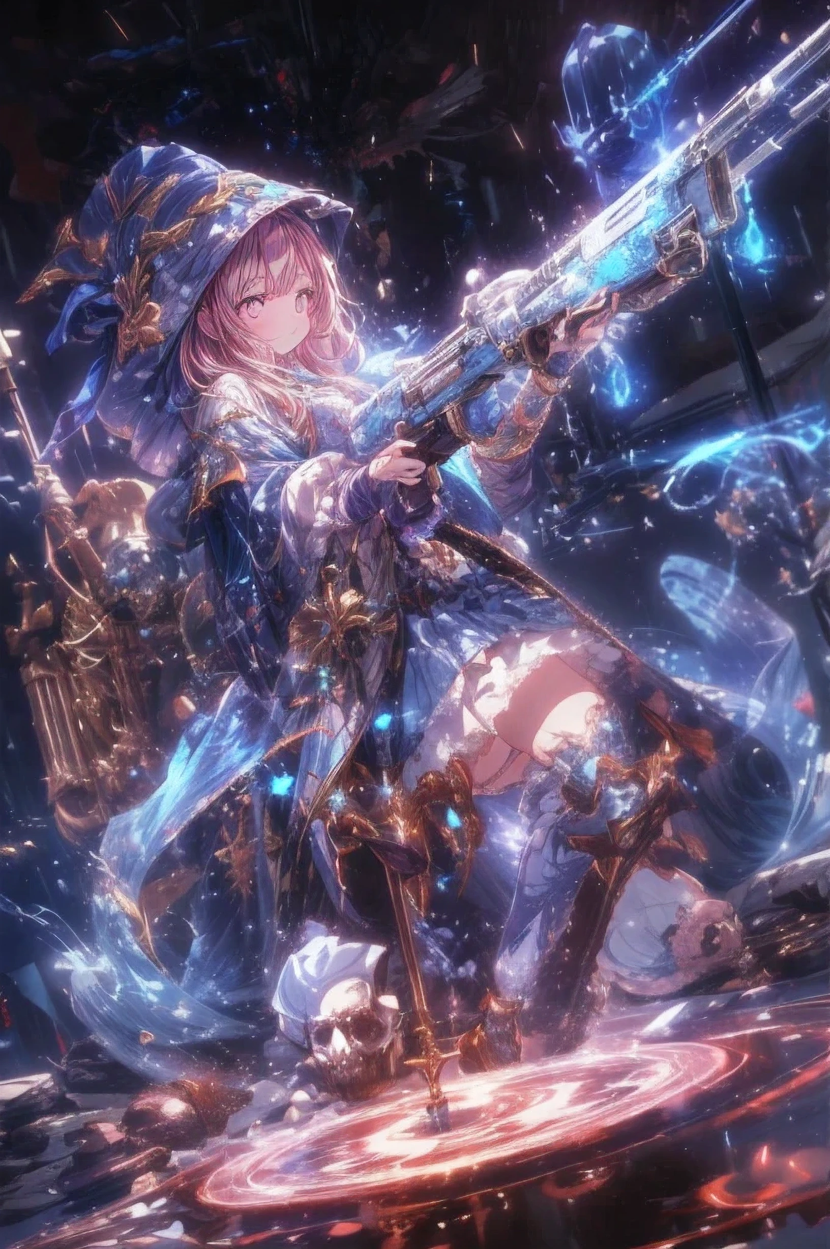 He has a large gun that is twice the size of his body. Anime illustration of a girl. The gun has a complicated pattern. Skull accessories. dynamic angle. minimalist background. Octane rendering. Masterpiece, highest quality, highly detailed CG Unity 8k wallpaper, fantasy girl,anime,Sparkle Glowing