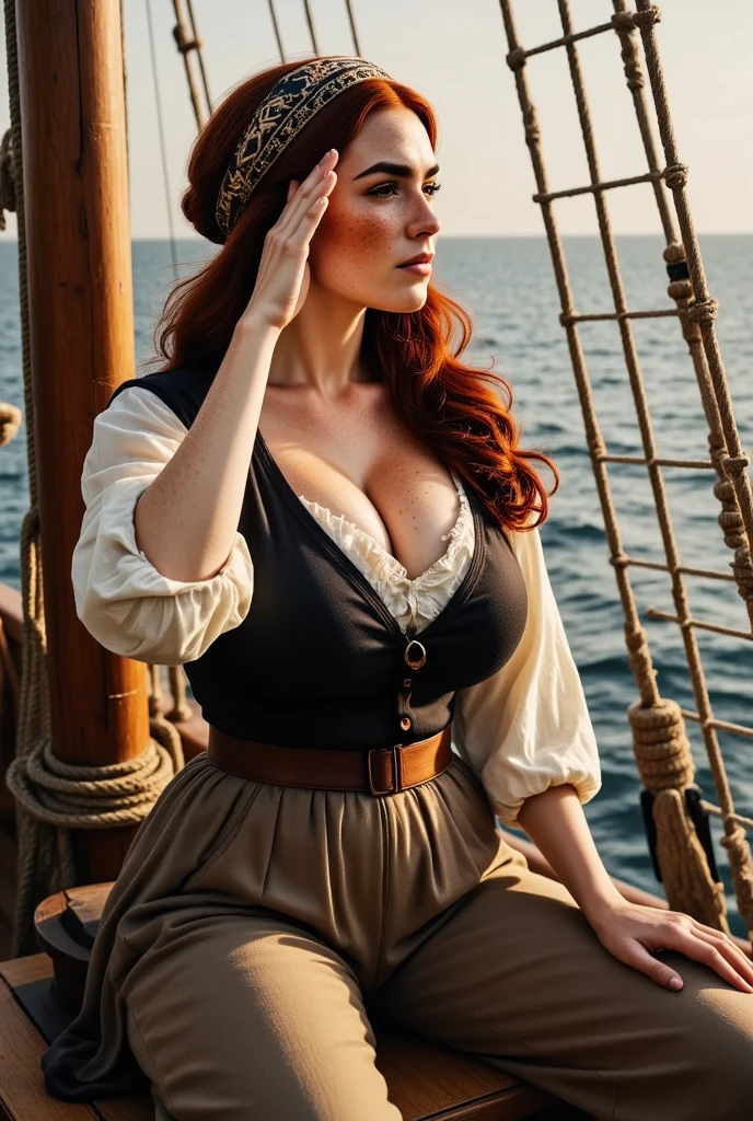 Photorealistic, cinematic style, a picture of a beautiful British woman in a sailing ship's mast, she's wearing a sailor outfit from the age of exploration, open vest, baggy trousers, sash, scarf around her hair. She's looking to the horizon and shadowing her eyes with her hand.  She's got brown eyes, downturned eye shape, light skin and freckles, long reddish-brown hair,  perfect hand,HDR, intricate details. Late afternoon sun, golden hour light, futa
