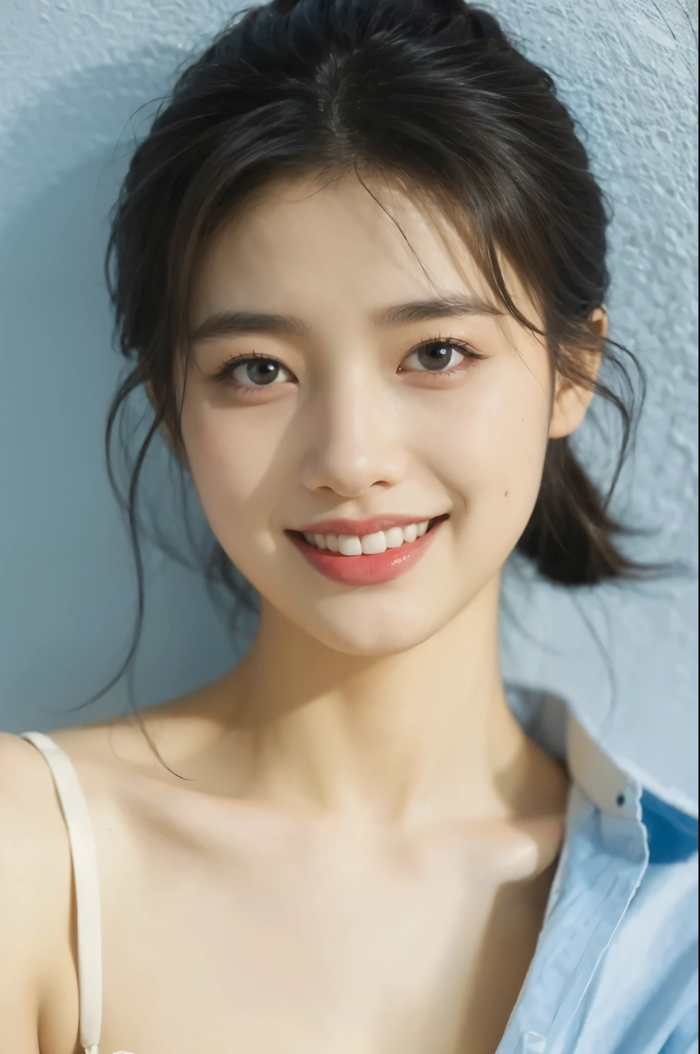 1girl, idol, close-up,  collarbone, ,, photo, film, depth of field, smile, model, window, looking at viewer, naked,