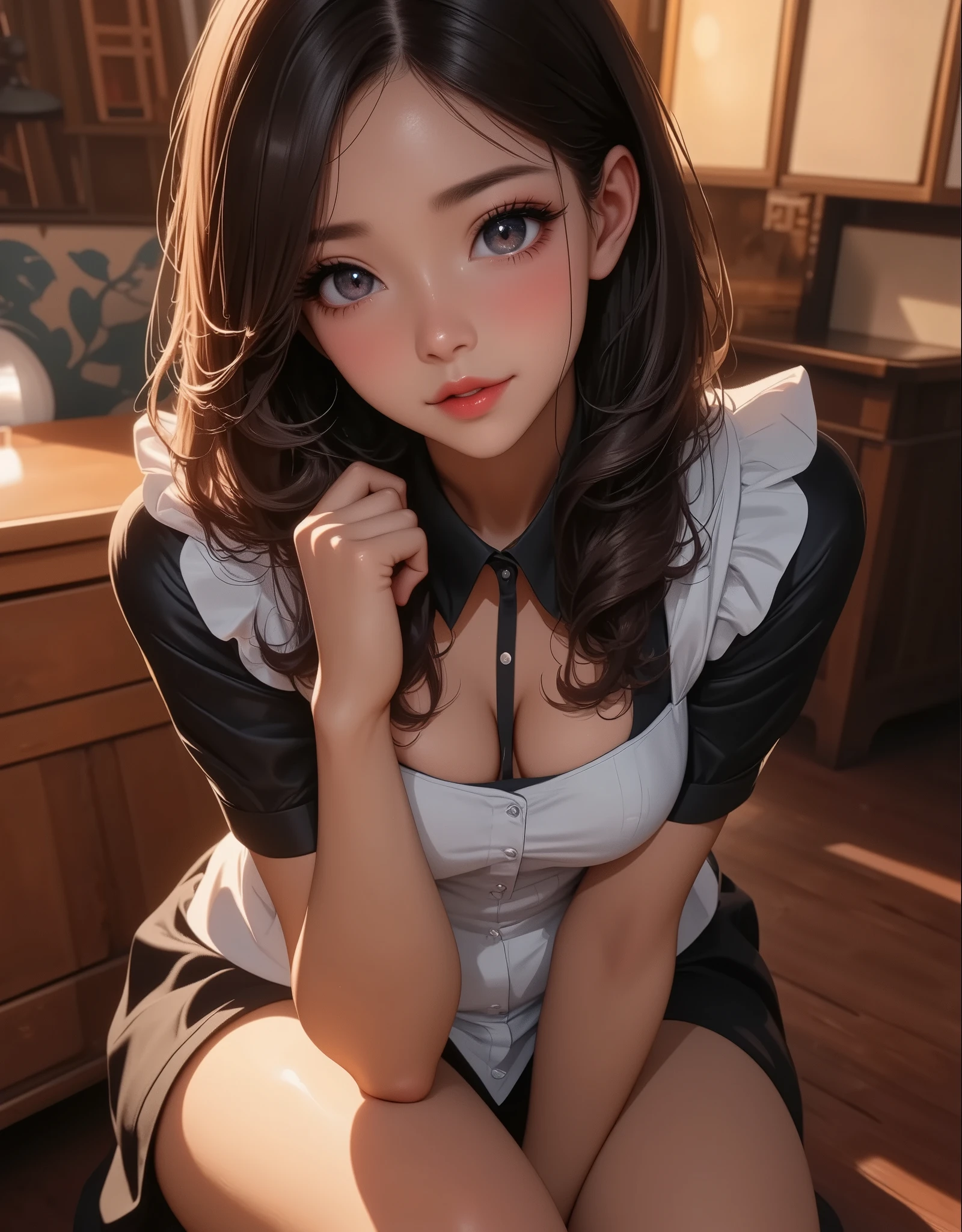 (dynamic angle:1.3, front view:1.1, breast focus:1.3, from above:1.1), (dynamic posing:1.2, sexy posing:1.2), (seductive smiling:1.3), ((looking at cake,Taking a cake out of the golden oven, worried about the outcome:1.2)),highest quality、(real、photorealistic:1.4),(ultra high resolution, 8K RAW photo, clear focus), best qualtiy, natural lighting, field depth, (Bright pupils, detailed beautiful eyes, high detailed face), Red lip, (tight focus:1.2), a girl 22yo old, Wearing a pastry chef uniform:1.3 , Thicc, thin breast, long hair, blue eyes,garter stocking, cleavage:1.2, midriff, black shorts, black thighhighs, thigh strap, pretty girl, (highly detailed beautiful face and eyes,firm breasts),real skin,((black,hair,long pony tail hair)),thin pubic hair,cute,lovely, detailed eyes,(double breasted:1.0,under bust:1.0),(with sparkling eyes and a contagious smile),open mouth, Looking at Viewer,A scene of cooking in the kitchen,looking at the golden oven