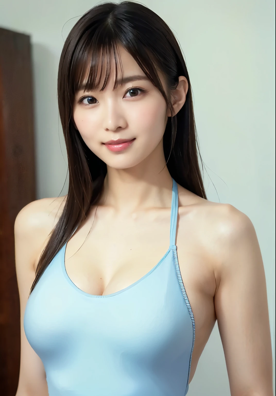 (high resolution:1.5), (masterpiece:1.5), very detailed, best quality, 8k, ((1 girl)), (Cute Japanese woman), cute 24 beauty, (medium breasts:1.5), detailed face, Beautiful and elegant face, cute face, (Round face:1.4), thin lips, natural bangs, arched eyebrows, well-groomed eyebrows, (big eyes with a good balance between the left and right sides), cute eyes, beautiful eyes, beautiful thin nose, beautiful face line, (beautiful skin), medium Hair, (natural bangs:1.5), (looking at the camera with a Gentle smile), smooth skin, fair skin, (Beautiful breasts), (Slender body:1.5), ((Beautiful cleavage)), (Beautiful clavicle:1.5), (Gentle smile), (Round face:1.4),