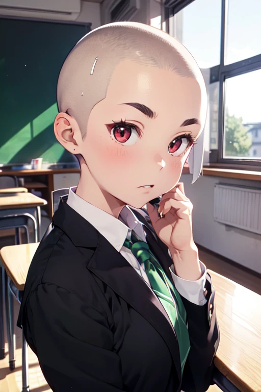 1 girl, aizawa tomo, 18yo, ((buzzcut shaved head)), red hair, thick brows, red eyes, big brests, tall height, school uniform, green suit, white shirt, red tie, tomboy, classroom, touching her head , embarrassed, hair clipper in hand
