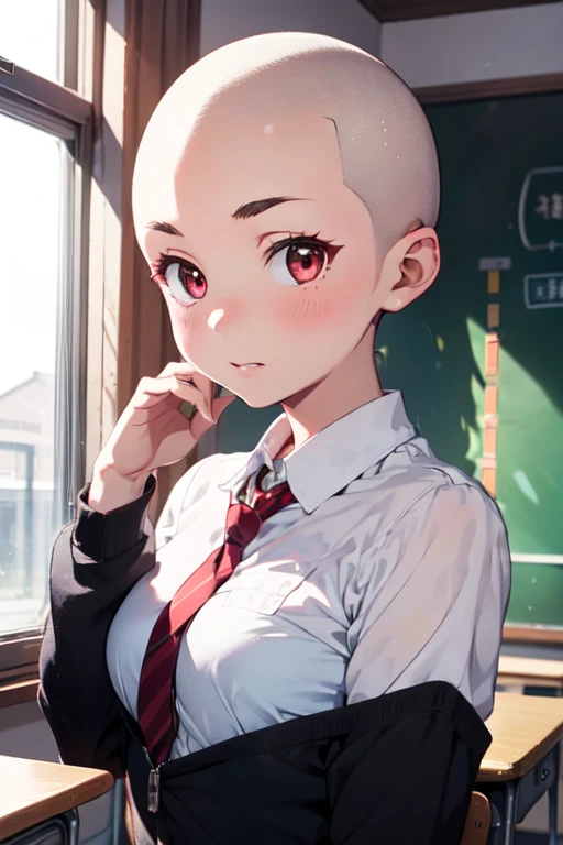 1 girl, aizawa tomo, 18yo, ((buzzcut shaved head)), red hair, thick brows, red eyes, big brests, tall height, school uniform, green suit, white shirt, red tie, tomboy, classroom, touching her head , embarrassed, hair clipper in hand
