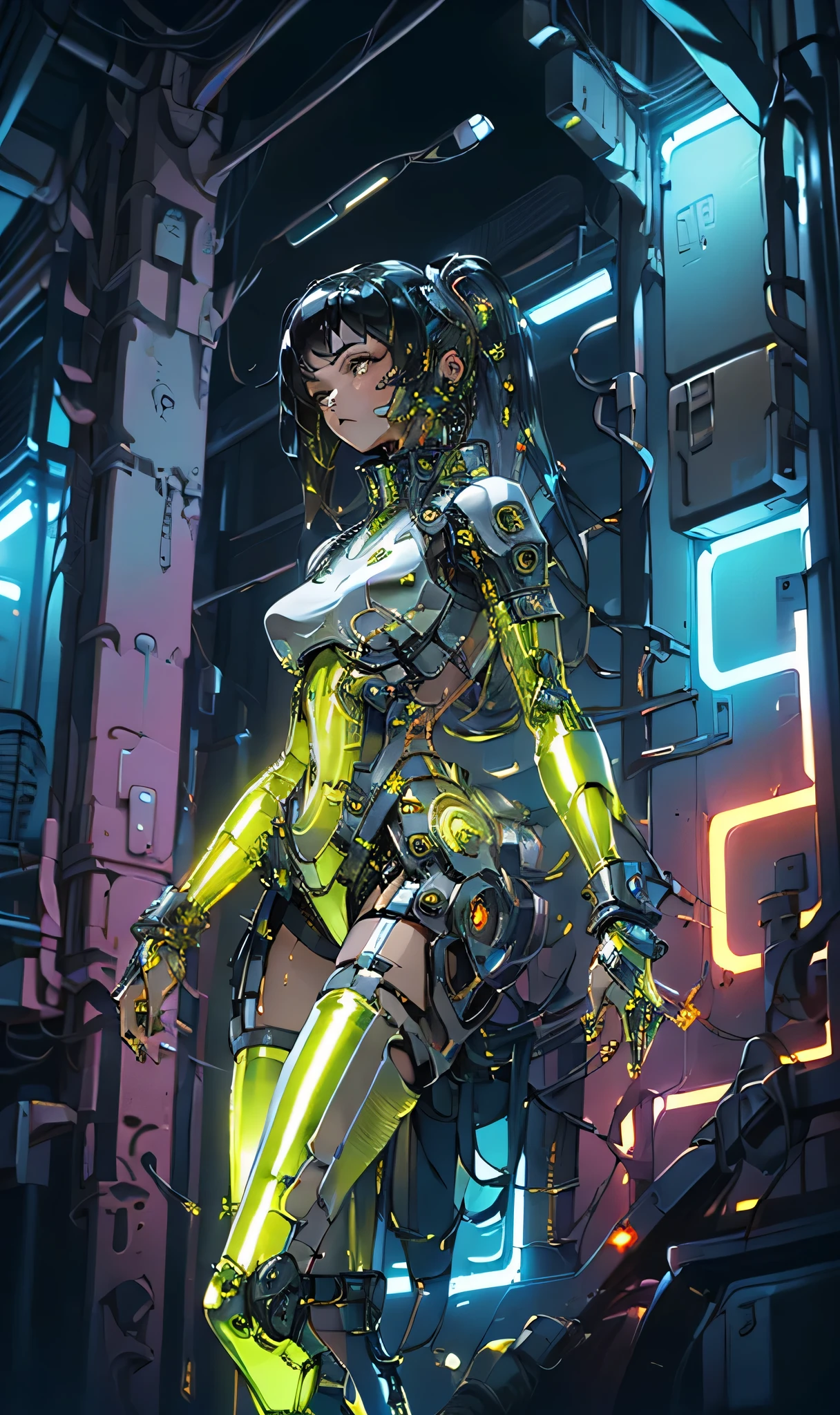 (dramatic, gritty, intense:1.4),masterpiece, best quality, 8k, insane details, intricate details, hyperdetailed, hyper quality, high detail, ultra detailed, Masterpiece, science fiction(cyberpunk:1.3)building,
1girl,  soloPatent leatherbodysuitglowingshiny(shiny skin:1.7)(long legs:1.3),  (Slim body:1.1) (upper body:1.2)
