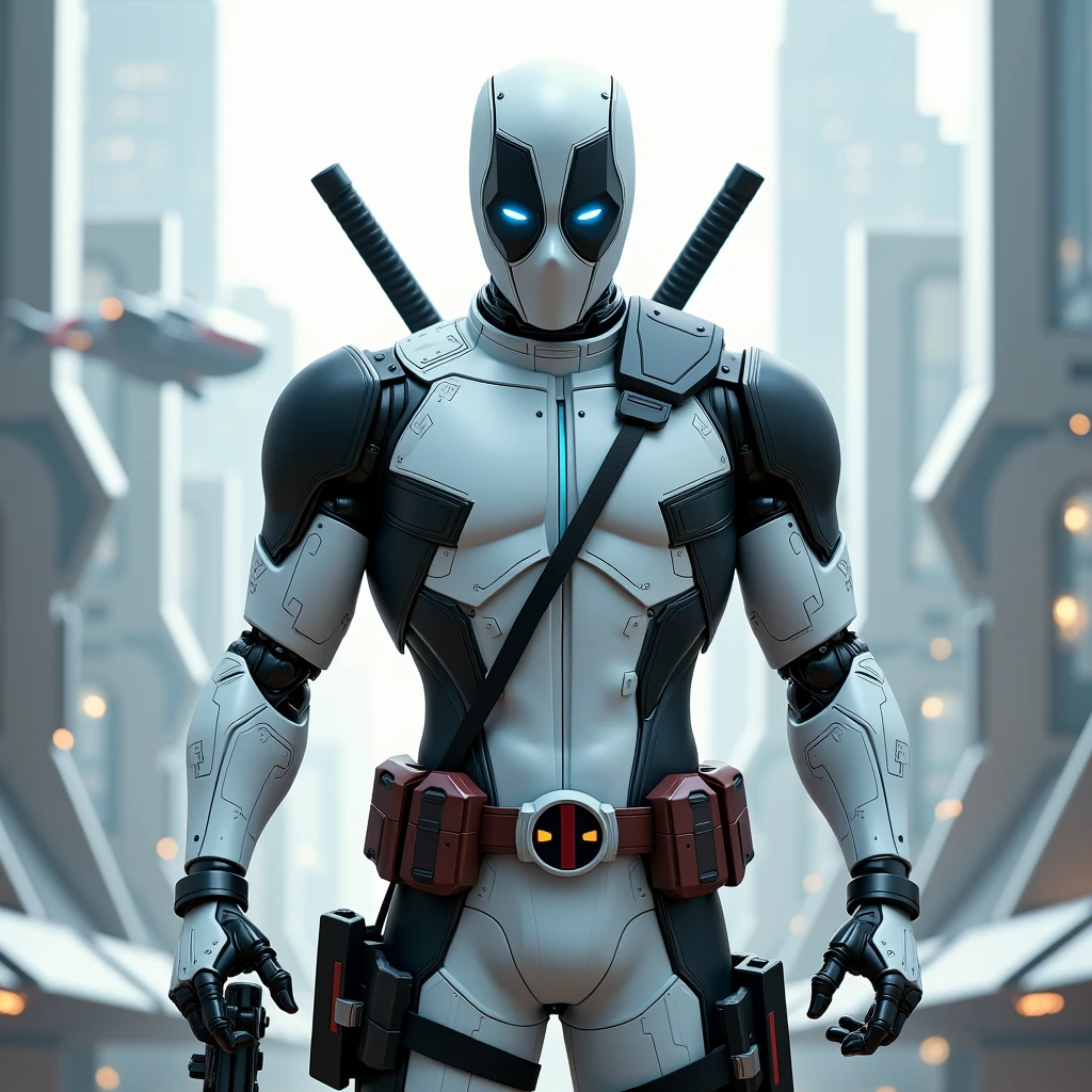 White Deadpool from Marvel photo standing outside the city 17, rainy, rtx, octane, unreal