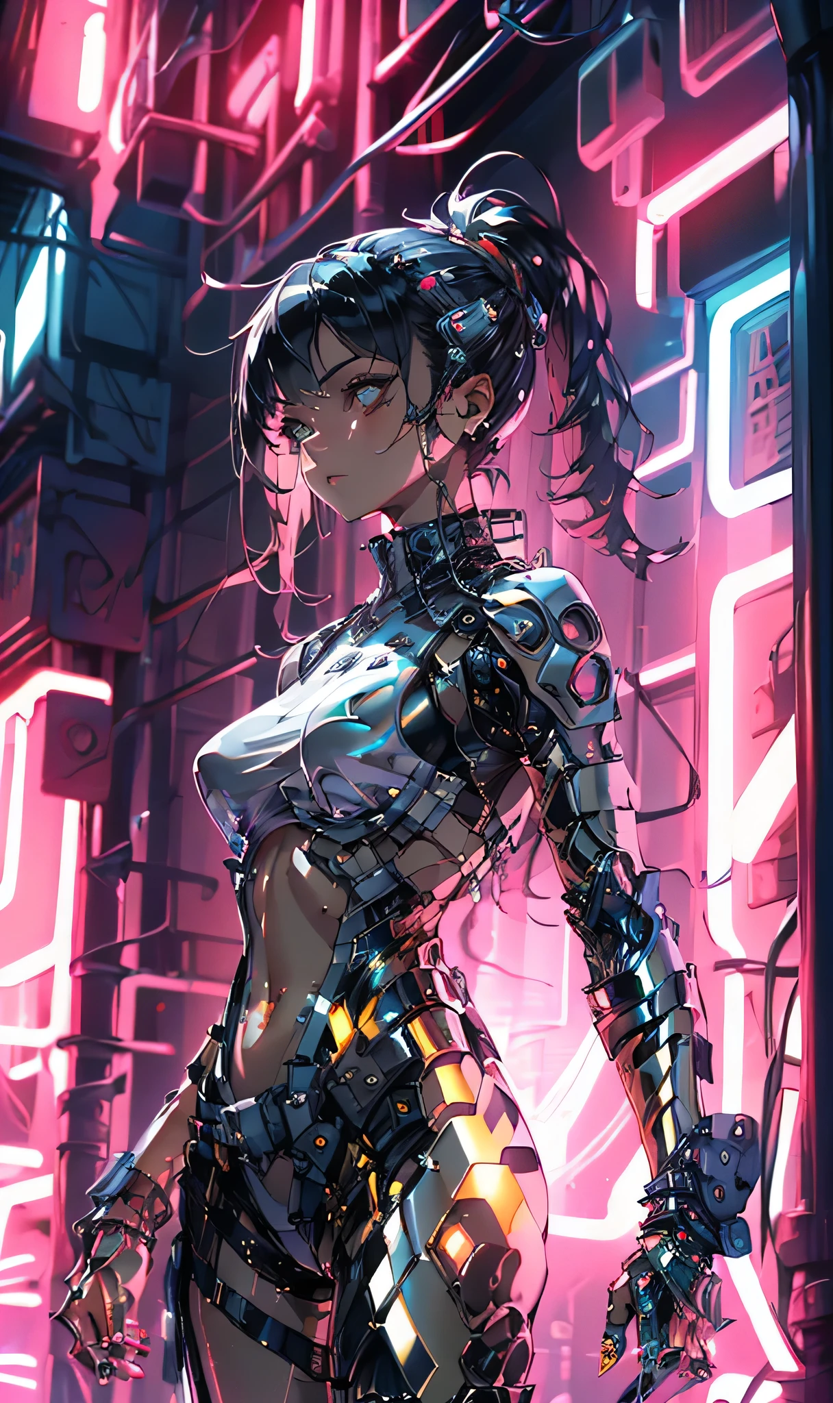 (dramatic, gritty, intense:1.4),masterpiece, best quality, 8k, insane details, intricate details, hyperdetailed, hyper quality, high detail, ultra detailed, Masterpiece, science fiction(cyberpunk:1.3)building,
1girl,  soloPatent leatherbodysuitglowingshiny(shiny skin:1.7)(long legs:1.3),  (Slim body:1.1) (upper body:1.2)
