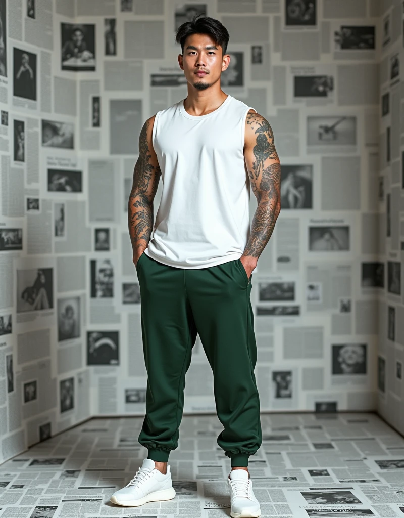 1 handsome guy，Handsome，Male college student，hostel，Play gameusculous，hairy bodies，slippers，White socks，Abs, chest muscle,，Green casual sweatpants（Detailed eyes：1.3），Black eyes，full bodyesbian，
