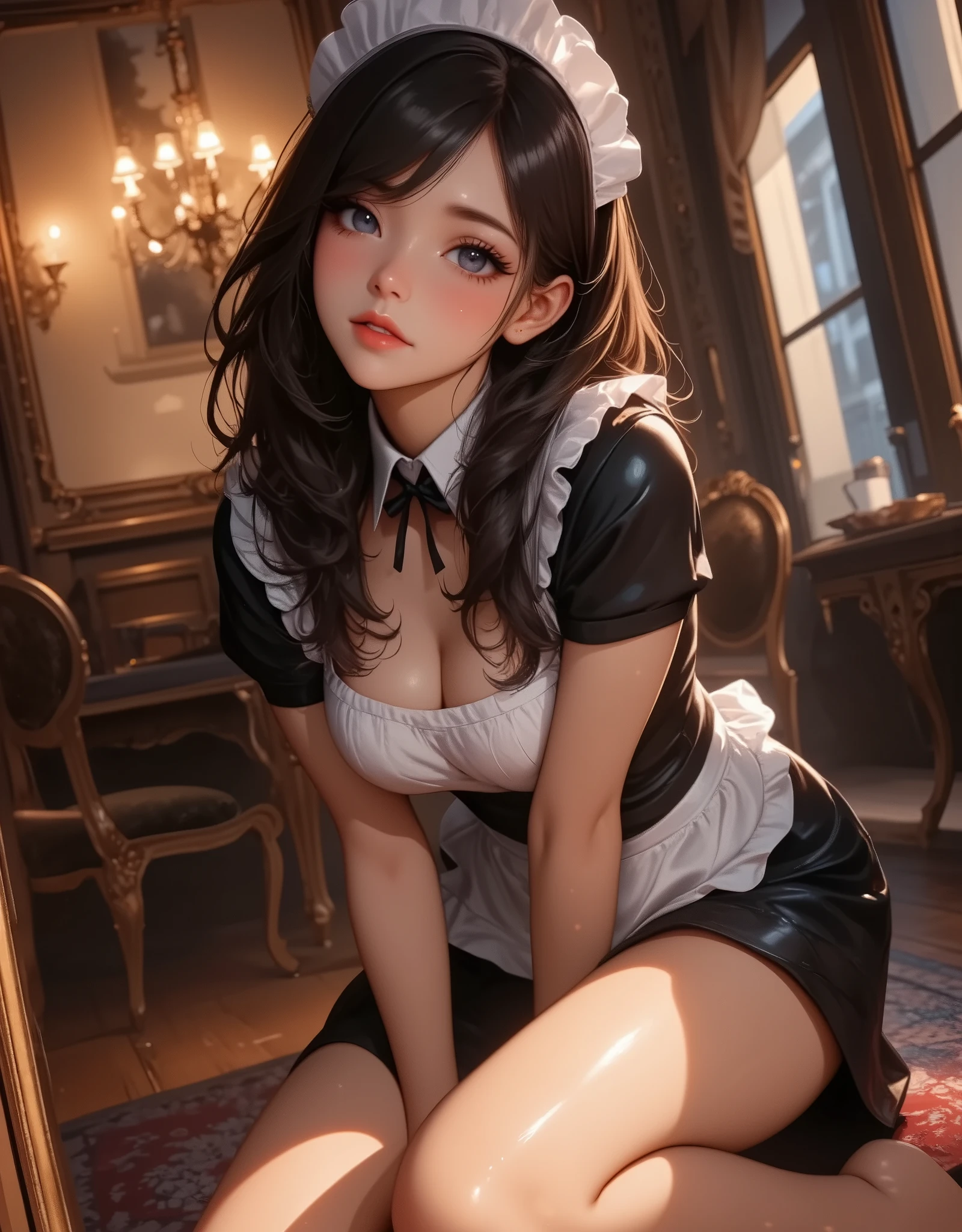 realistic, photorealistic, masterpiece, best quality, ultra-detailed, illustration, detailed light, 1 girl, ((playboy bunny:1.3, black rabbit ears:1.3, shiny complex laced black leather leotard:1.3, shiny pantyhose:1.3, bowtie, wrist cuffs )), brown long hair,earrings, ((rabbit ears)), floating hair, naughty face, medium breast, Slender body line、beautiful detailed body, detailed eyes, (King size bed with canopy in luxury hotel:1.3、Silk sheets) 、dim lighting、(((Sweaty、shiny body)))、(((all-fours:1.3)))