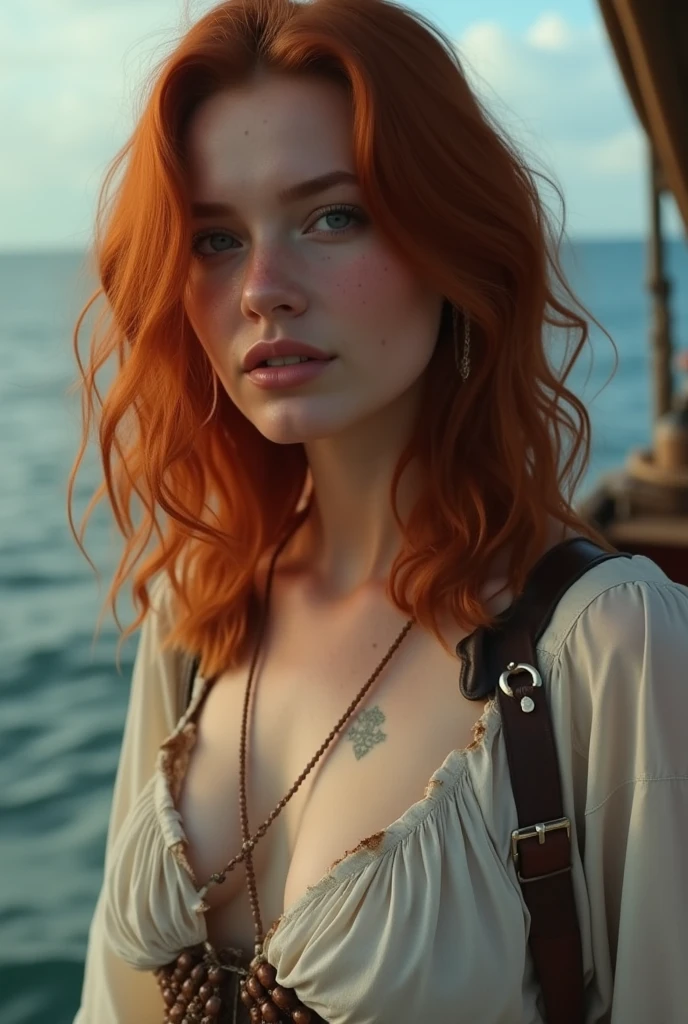 Emily Rudd, Nami, One Piece, in the pirate boat, around the sea, expressive eyes, close camera, redhead hair, sunny day, pirate clothes, pirate fantasy,