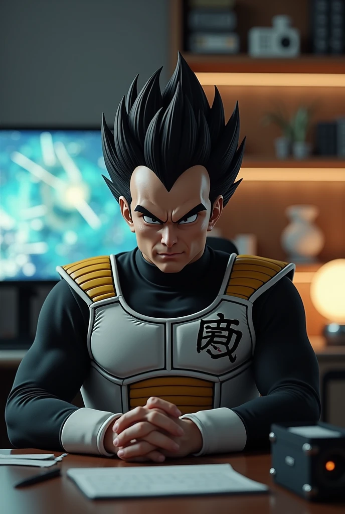 Vegeta Hermosa Barba Ojos Marrones  (obra maestra, mejor calidad: 1.2), Disparo de vaquero, solamente, enfoque masculino, 1 personaje , vegeta, serio, mirando al espectador, black spiked hair, ojos cafe, armadura, guantes blancos imagen de cuerpo completo