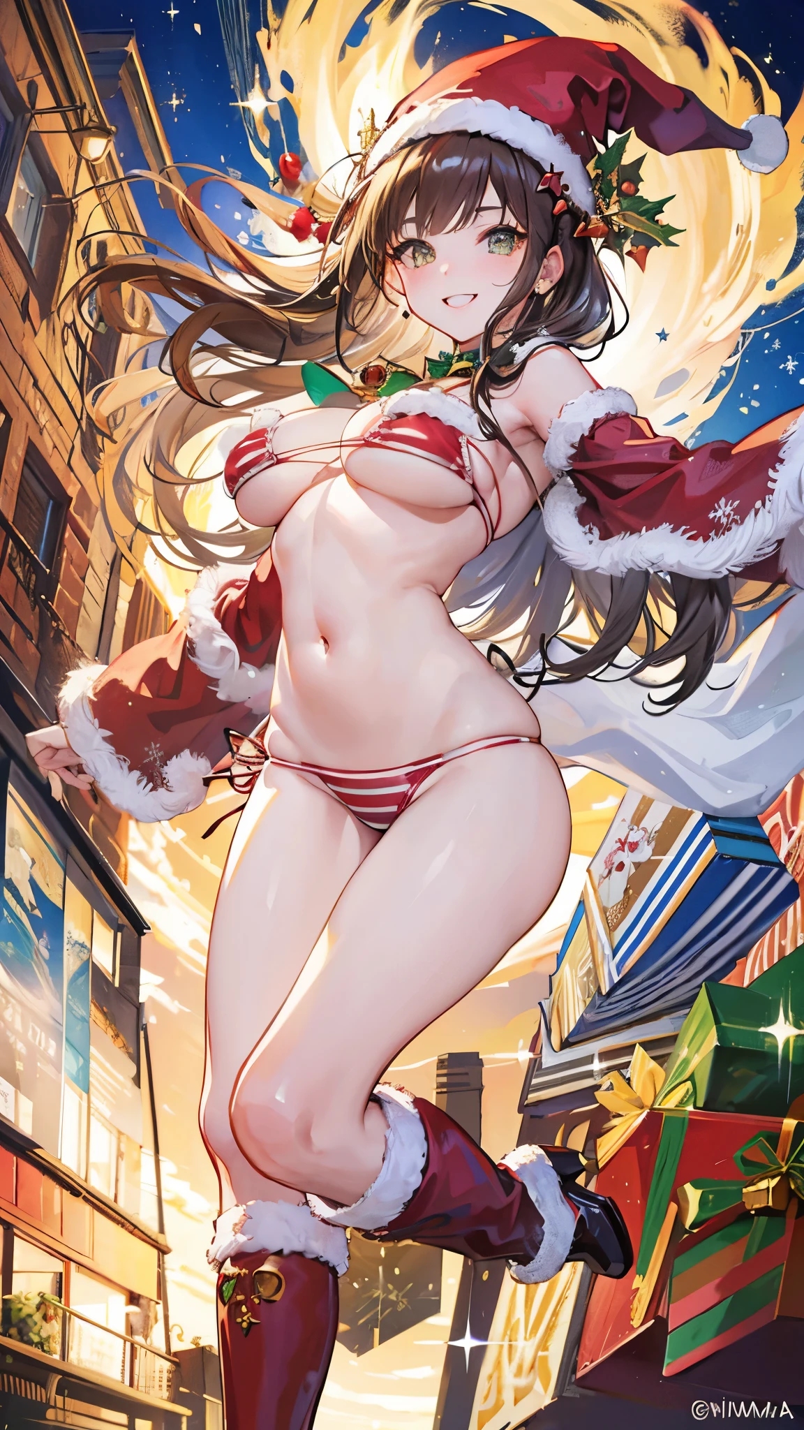 (( best quality)),( ultra high resolution),( super detailed),( detailed description ),(( best CG )),(masterpiece), Highly Detailed Art ,( Art with Precise Details:1.5), (woman:1.6),( beautiful and well-groomed face:1.6),( Micro Santa Bikinis :1.7),(Sparkling Smiles :1.8),(Santa boots :1.4),( Fluffy Hair :1.6),( Christmas Nail Art:1.4),( Tight Belly :1.5)