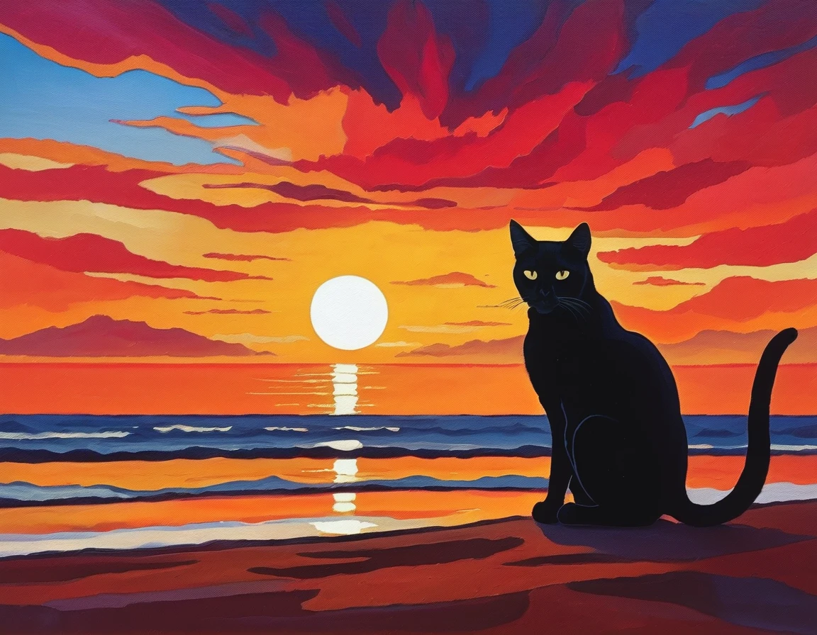 Picasso　Black Cat　Sunset　１Animals　Big cat, simple 　 background　Big Sun