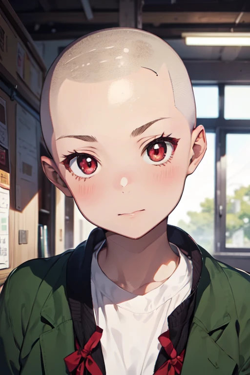 1 girl, aizawa tomo, 18yo, ((buzzcut shaved head)), red hair, thick brows, red eyes, big brests, tall height, school uniform, green suit, white shirt, red tie, tomboy, classroom, touching her head , embarrassed, hair clipper in hand
