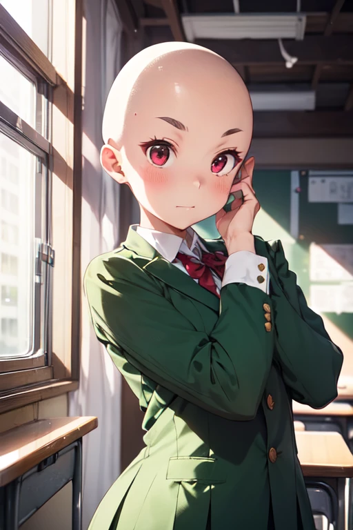 1 girl, aizawa tomo, 18yo, ((buzzcut shaved head)), red hair, thick brows, red eyes, big brests, tall height, school uniform, green suit, white shirt, red tie, tomboy, classroom, touching her head , embarrassed, hair clipper in hand
