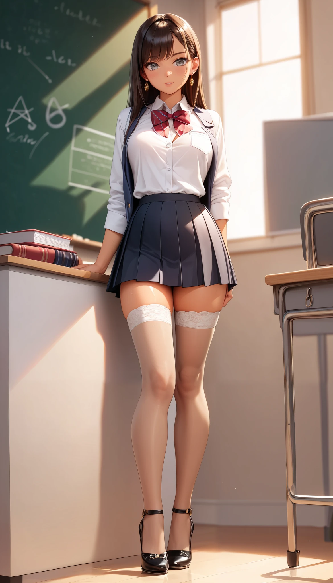 (Perfect Anatomy), Masterpiece, Ultra High Quality, 8k, masterpiece, Highest quality, Ultra-high resolution, Maximum resolution, Very detailed, Professional Lighting, anime, young female, 1 female, thin teen, so beautiful, Highly detailed eye, Highly detailed face, Golden earrings, Grey eyes, Straight bangs, full body, standing, (wearing a (brown short shirt, leather pleated skirt), (classroom indoors theme), (tan stockings), (high heels), show her wet inner thighs