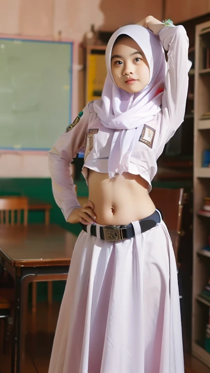 (((Ultra-HD-quality-details))) , school girl wearing hijab (gen z ) , long sleeve uniform  ,open the navel down ,low waisted long skirt  (like a belly dancer )  wears black belt  (buckle) ,whole body ,realistic,(8k resolusion)