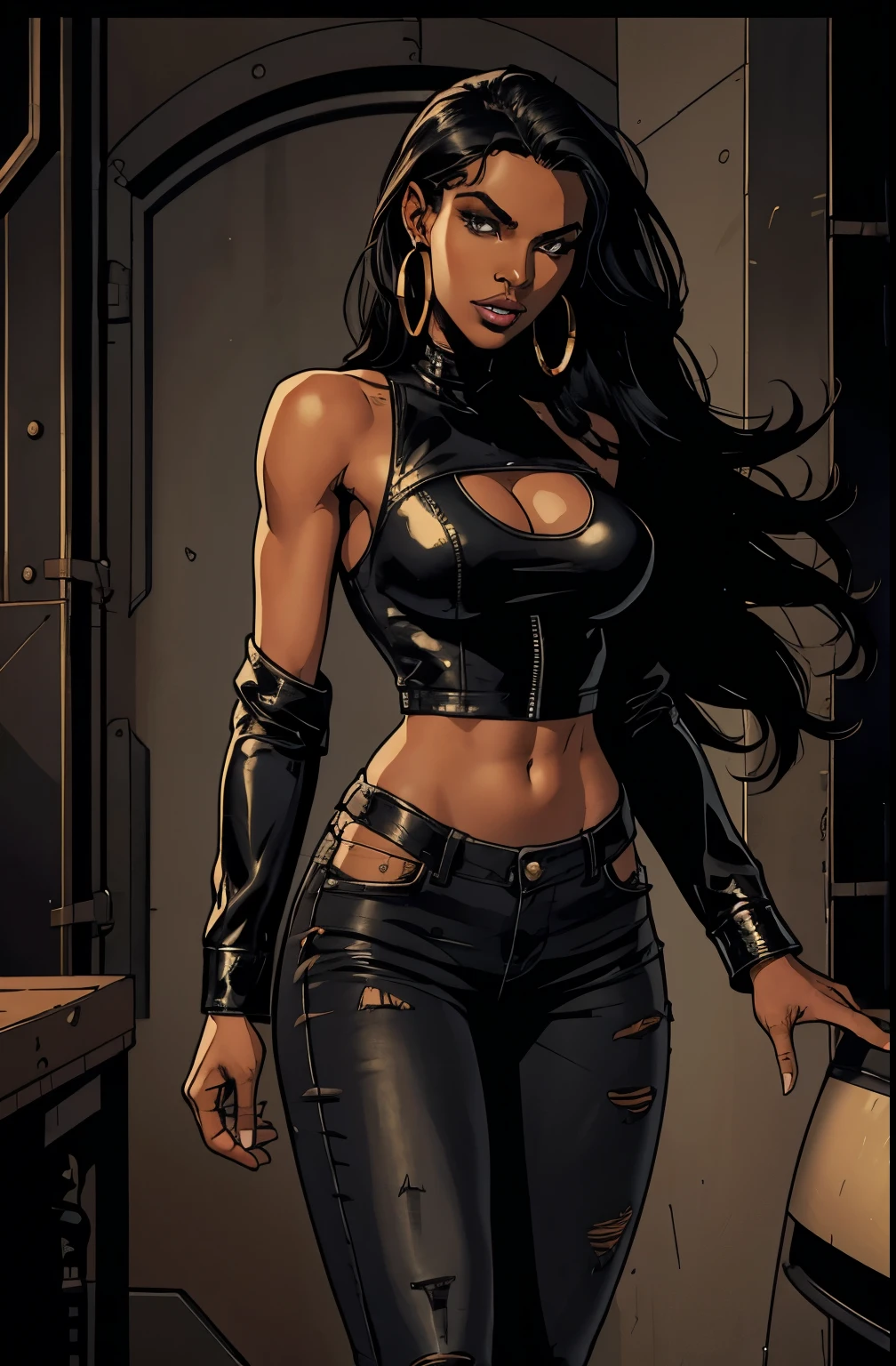 Only a black girl, ebony skin. purple long hair.  Green eyes.  Slender, athletic and elegant build. Dirty and worn jeans. white tank top and a jacket tied at the waist. Amazing stunningly beautiful, most beautiful women ever. Big knife in arms. Busty. Comic style. Marvel comics