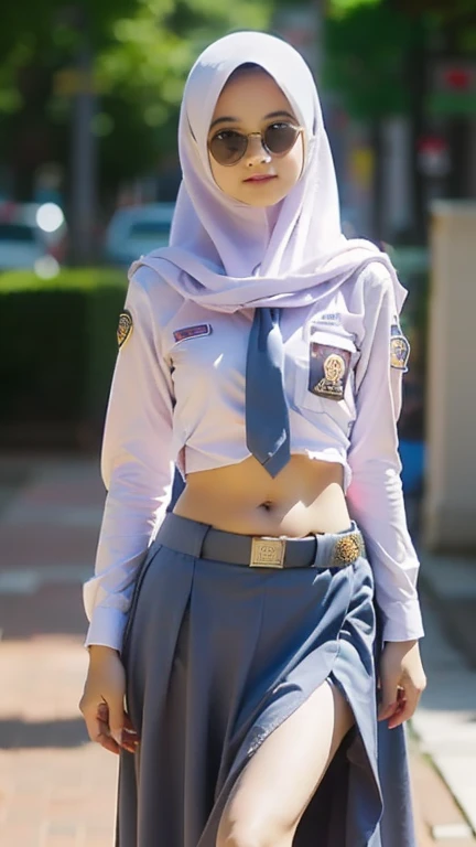 (((Ultra-HD-quality-details))) , school girl wearing hijab (gen z ) , long sleeve uniform  ,open the navel down ,low waisted long skirt  (like a belly dancer )  wears black belt  (buckle) ,whole body ,realistic,(8k resolusion)