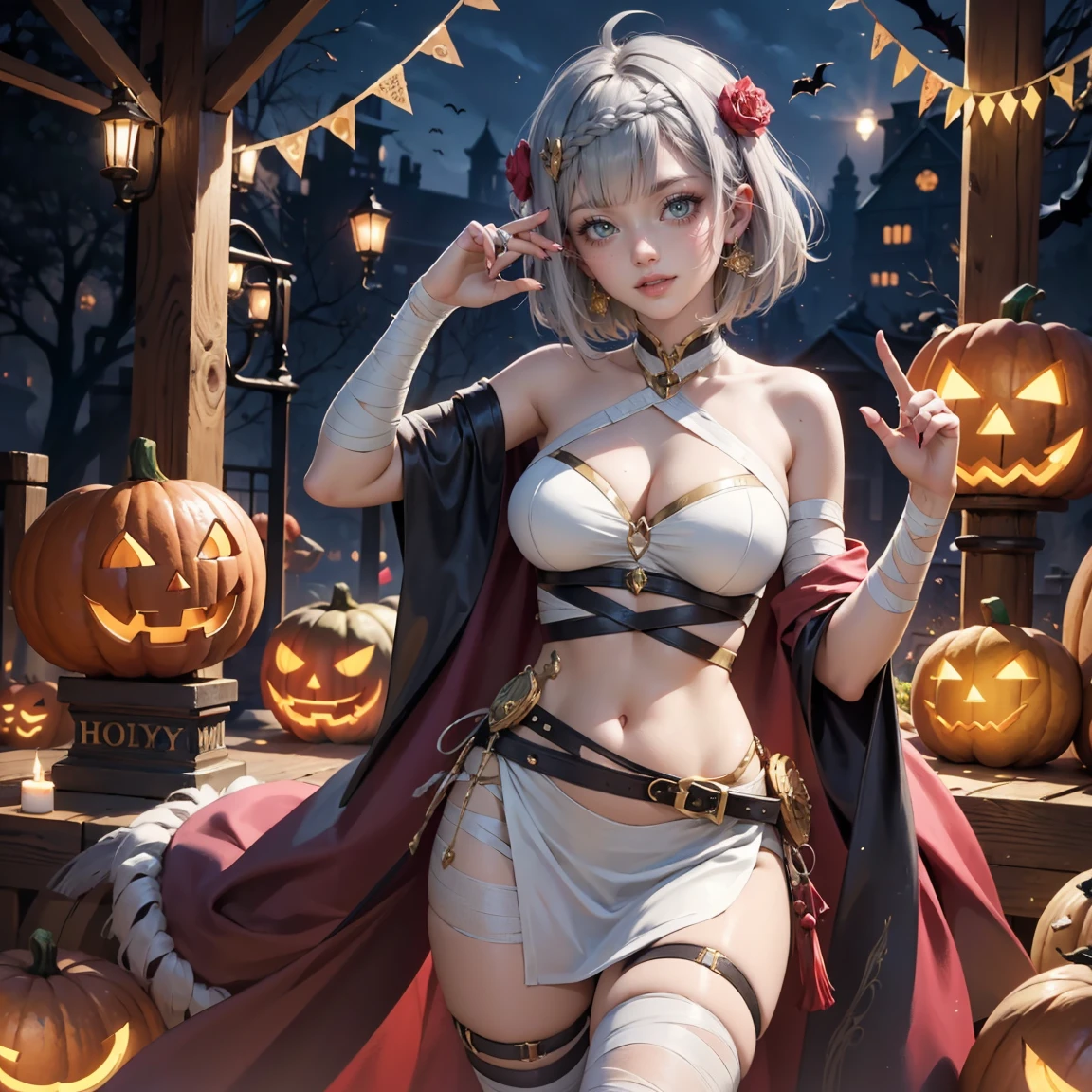 Noelle_(genshin impact), silver hair, wave hair, ornament hair, short hair, 1girl, dress, jewelry, glow hair, flowing hair, ahoge, armpits, bandaged arm, bandaged hand, bandaged leg, bandaged neck, bandage chest, bandages all over the body, bandages, bare shoulders, glow eyes, mummy costume for Halloween, Halloween theme, chest sarashi, claw pose, tassel, collarbone, cowboy shot, cute ghost, hair between eyes, hair intakes, halloween, halloween costume, huge ahoge, long hair, looking at viewer, midriff, multicolored hair, mummy costume, smile, solo, stomach, strapless, streaked hair, thigh gap, thighs, tube top, very long hair, pumpkin lantern, candle, cemetery scenery 