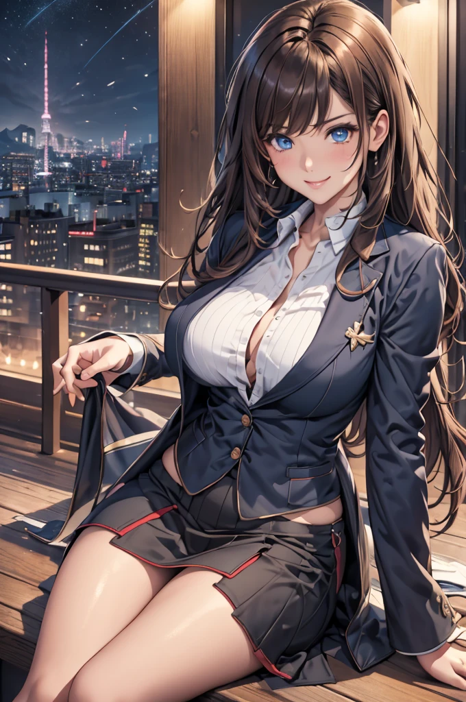 最High image quality, masterpiece, 4K, High image quality,  ultra high resolution,  of the prairie , CG drawing（ one cool adult woman ） Hair、Brown Hair、Hairstyle、 straight。 He&#39;s quite tall.、 slender、（Sexually、Attractive body）。  Female Teacher
。 （ and lying face down 、Elongated Sharp Eyes 、 extra long lashes ）（ blue eyes。  beautiful eyes、 beautiful lips。）（Perfect、 beautiful eyes）（ business suit、 shirt 、 tight mini skirt 。）
（Women、I can see the night view of the city 、Rooftop、On the bench、 I'm sitting cross-legged 。
（ Female Teacherは、 with bright red cheeks 、 has a proud smile on her face。
 human male 、None at all。
 biologically 、Correct body