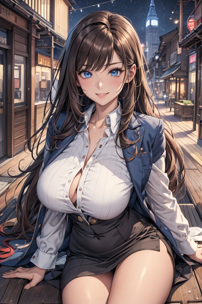 最High image quality, masterpiece, 4K, High image quality,  ultra high resolution,  of the prairie , CG drawing（ one cool adult woman ） Hair、Brown Hair、Hairstyle、 straight。 He&#39;s quite tall.、 slender、（Sexually、Attractive body）。  Female Teacher
。 （ and lying face down 、Elongated Sharp Eyes 、 extra long lashes ）（ blue eyes。  beautiful eyes、 beautiful lips。）（Perfect、 beautiful eyes）（ business suit、 shirt 、 tight mini skirt 。）
（Women、I can see the night view of the city 、Rooftop、On the bench、 I'm sitting cross-legged 。
（ Female Teacherは、 with bright red cheeks 、 has a proud smile on her face。
 human male 、None at all。
 biologically 、Correct body