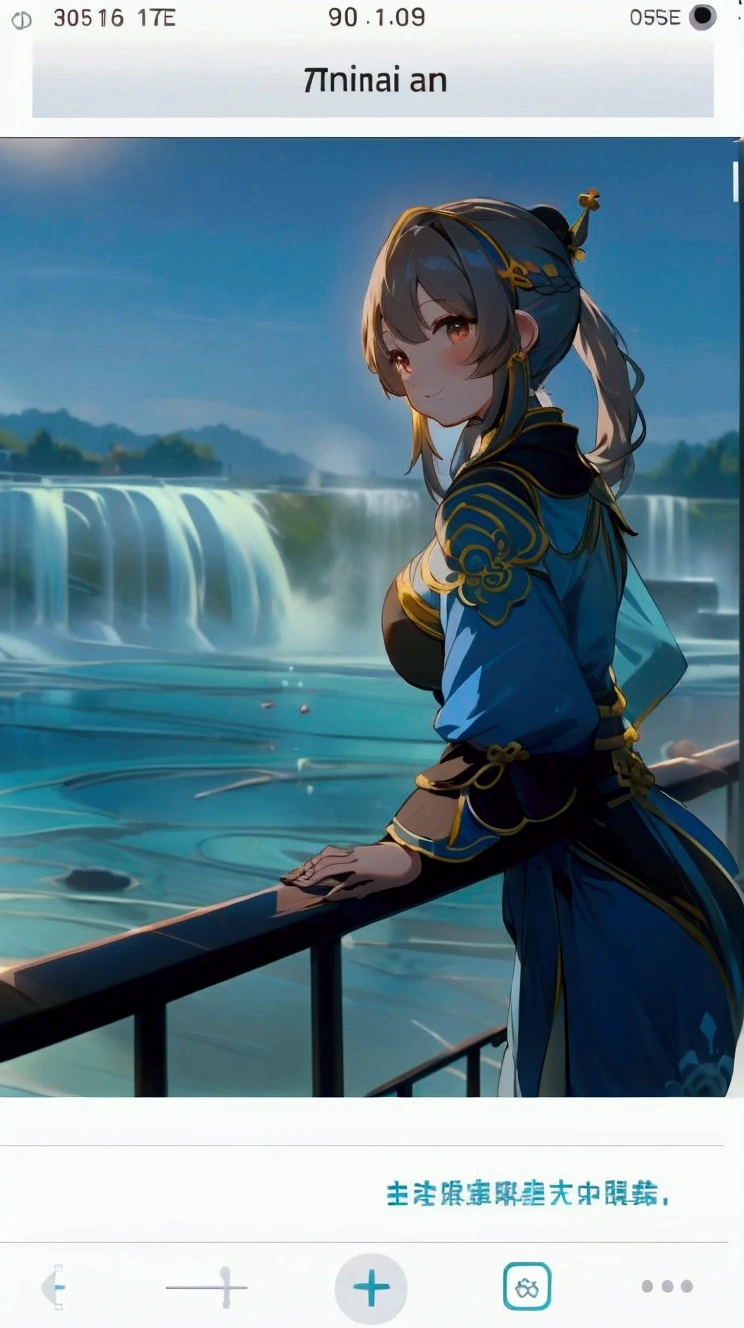 a beautiful woman , Wang yuanji standing on top of a railing looking at niagara falls, 1girl, solo, long hair,smile ,wearing a crown,colorful scenery