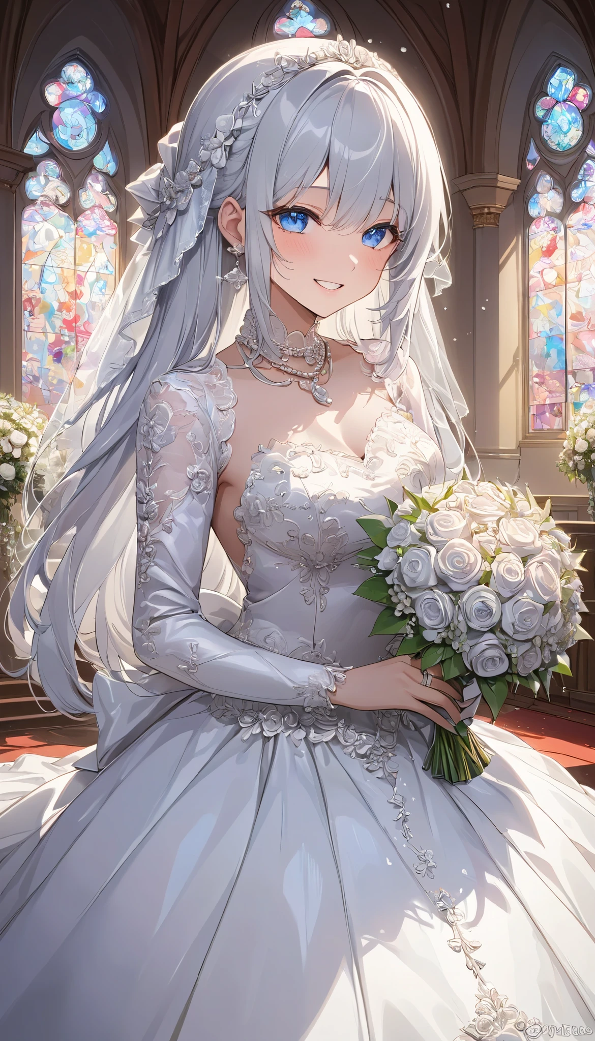 (((Best quality, 8k, Masterpiece: 1.3)), ((best quality)), ((masterpiece)), (detailed), perfect face, perfect body, (detailed skin:1.3), (intricate details), Ball gown wedding dress, pearl necklace, bouquet, Silver hair, straight hair, blue eyes, Wedding Rings, snow White, Chapel, happy, smile, solo