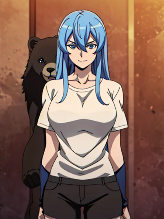 ( white t-shirt with a bear face), Black shorts, ( clothing store background ), Esdeath,  anime cell style ,  best quality,  high definition ,  1 girl, (Big Breasts:1.2), Mature Woman,  blue hair, Long Hair, ( blue eyes),  blue eyesbrow,  Facial beauty, ( COWBOY SHOOTING ),  Watching Viewers , smile