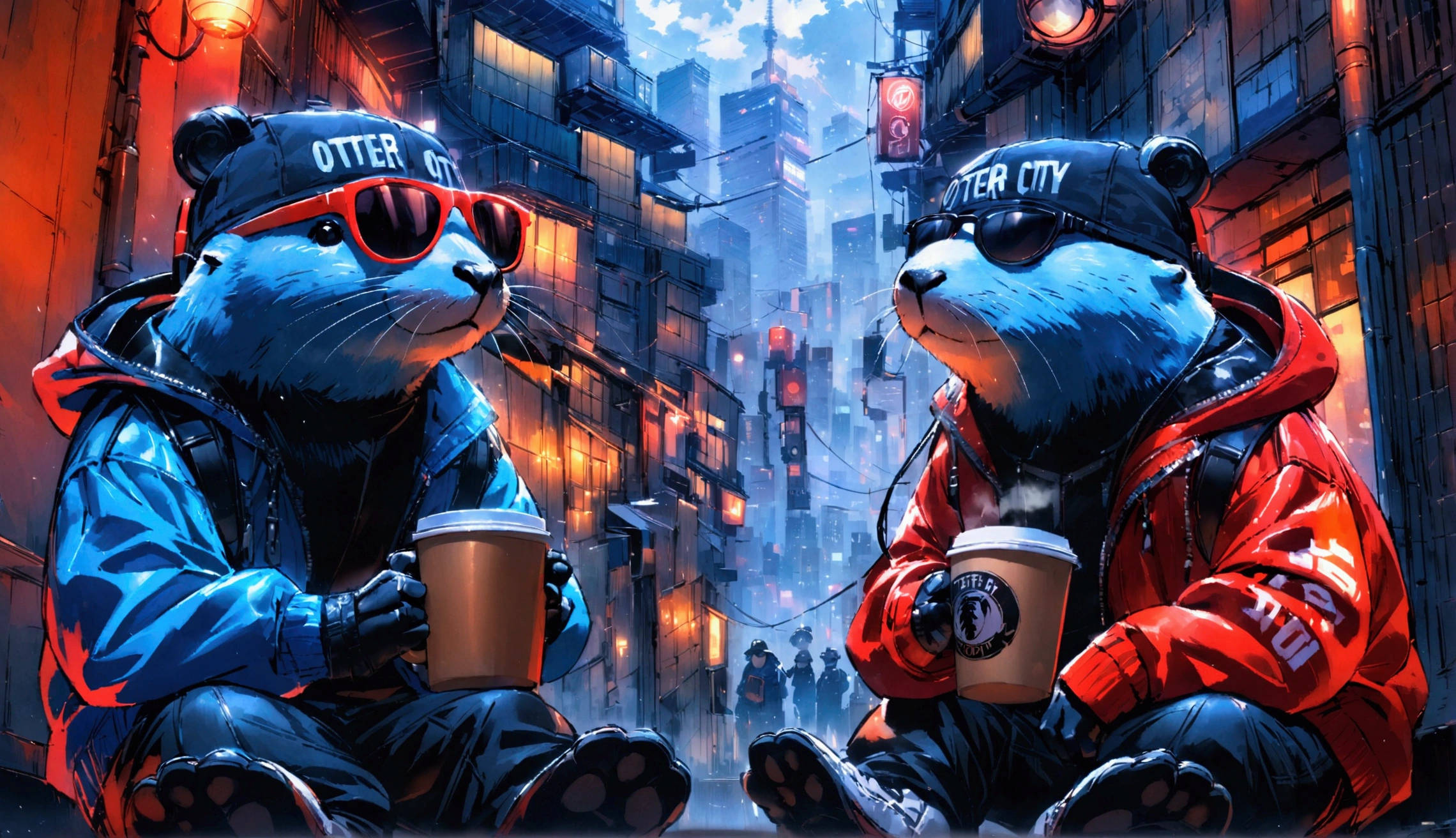 The otter, dressed in a hip-hop outfit with headphones and dark sunglasses, Wear a cap, has a cool expression as it sits on stairs, Holding a cup of coffee while gazing at the city of Tokyo