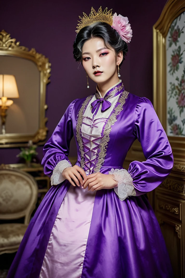 A Korean man in ladies victorian dresses, satin, he is crossdresser, big breasts like a woman, slender female body, His hairstyle is short and manly, long sleeves, purple, medieval noblewoman costume, rococo dress, silk